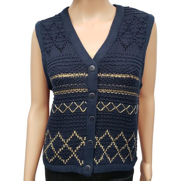 Vintage Liz Sport Liz Claiborne Vest Women S Navy Gold Crocheted Knit Button up - Picture 1 of 11